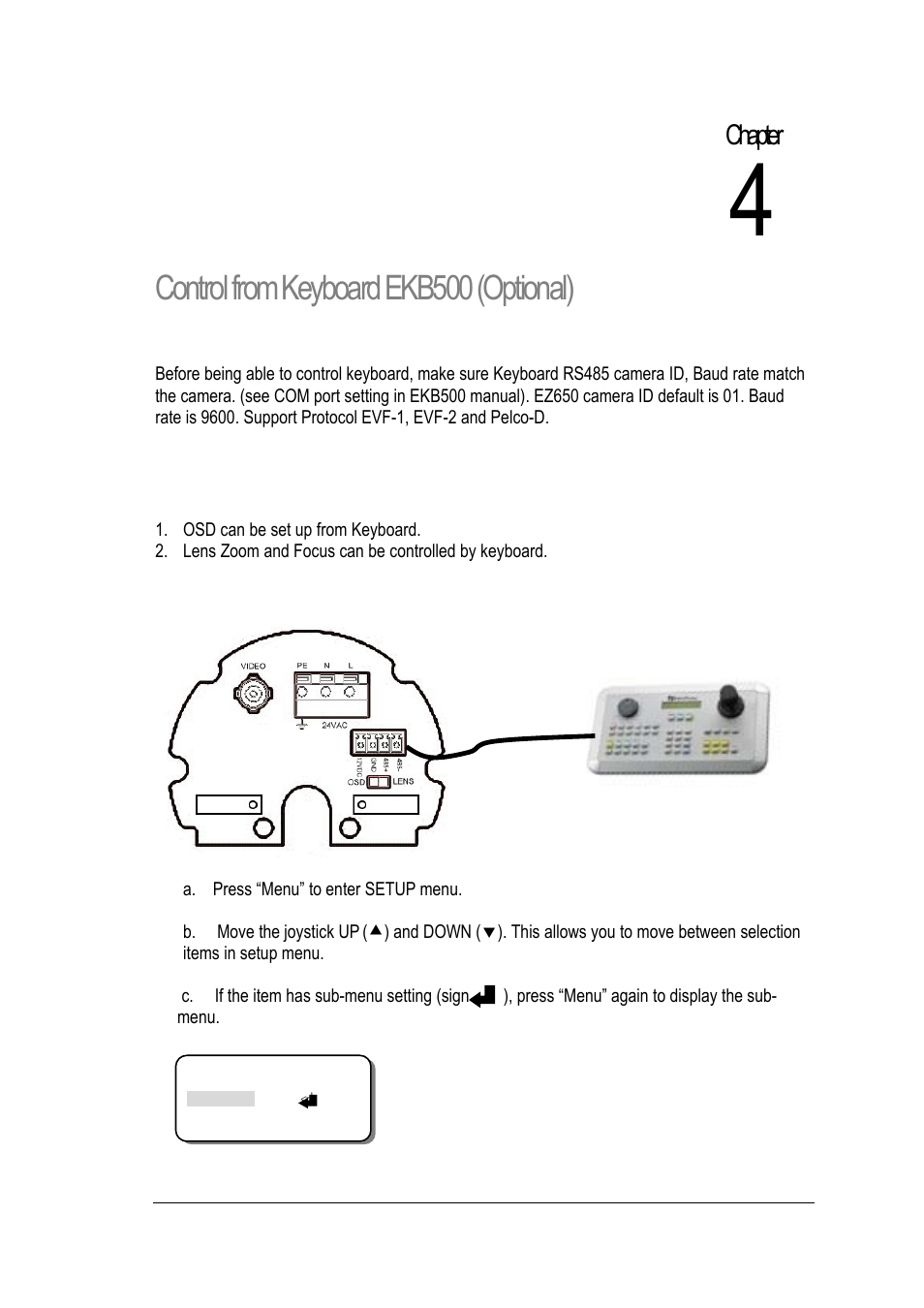 1 key features with keyboard, 2 osd menu setting by keyboard, Control from keyboard ekb500 (optional) | Chapter | EverFocus EZ650 User Manual | Page 38 / 40
