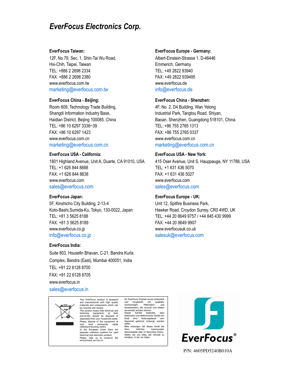 Everfocus electronics corp, Info@everfocus.de, Info@everfocus.co.jp | Sales@everfocus.in | EverFocus EDH5240 User Manual | Page 23 / 23