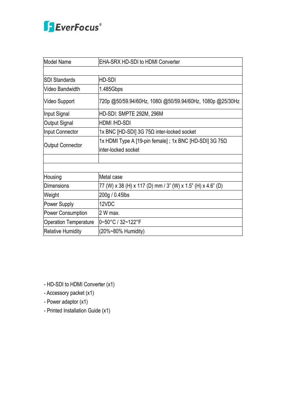 Specifications, Package contents | EverFocus EHA-SRX User Manual | Page 4 / 8
