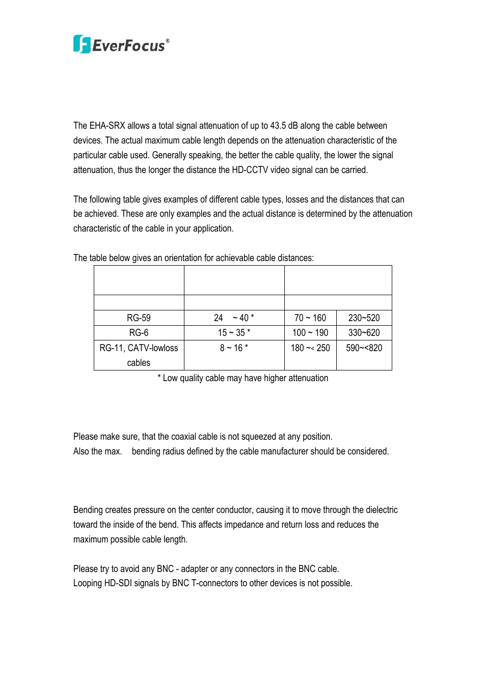 Cable requirements for bnc connector, 1 cable types, 2 cable installation | EverFocus EHA-SRX User Manual | Page 6 / 8