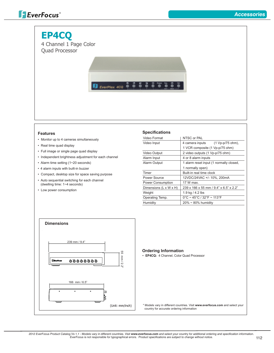 Ep4cq, Everplex 4cq / everplex8cq, Accessories - video processor | 2011 product index, Accessories, 4 channel 1 page color quad processor | EverFocus 23" LED Monitor EN7519VGA User Manual | Page 10 / 10