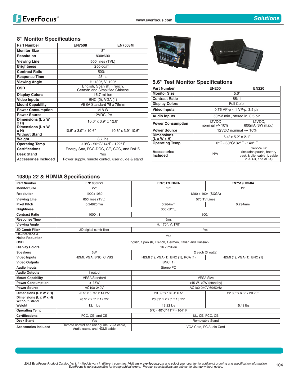 Solutions, 8” monitor specifications, 6” test monitor specifications | EverFocus 23" LED Monitor EN7519VGA User Manual | Page 2 / 10