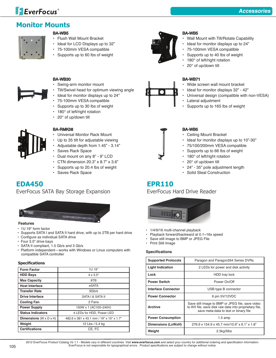 Eda450, Epr110, Monitor mounts | Accessories, Everfocus sata bay storage expansion, Everfocus hard drive reader | EverFocus 23" LED Monitor EN7519VGA User Manual | Page 3 / 10