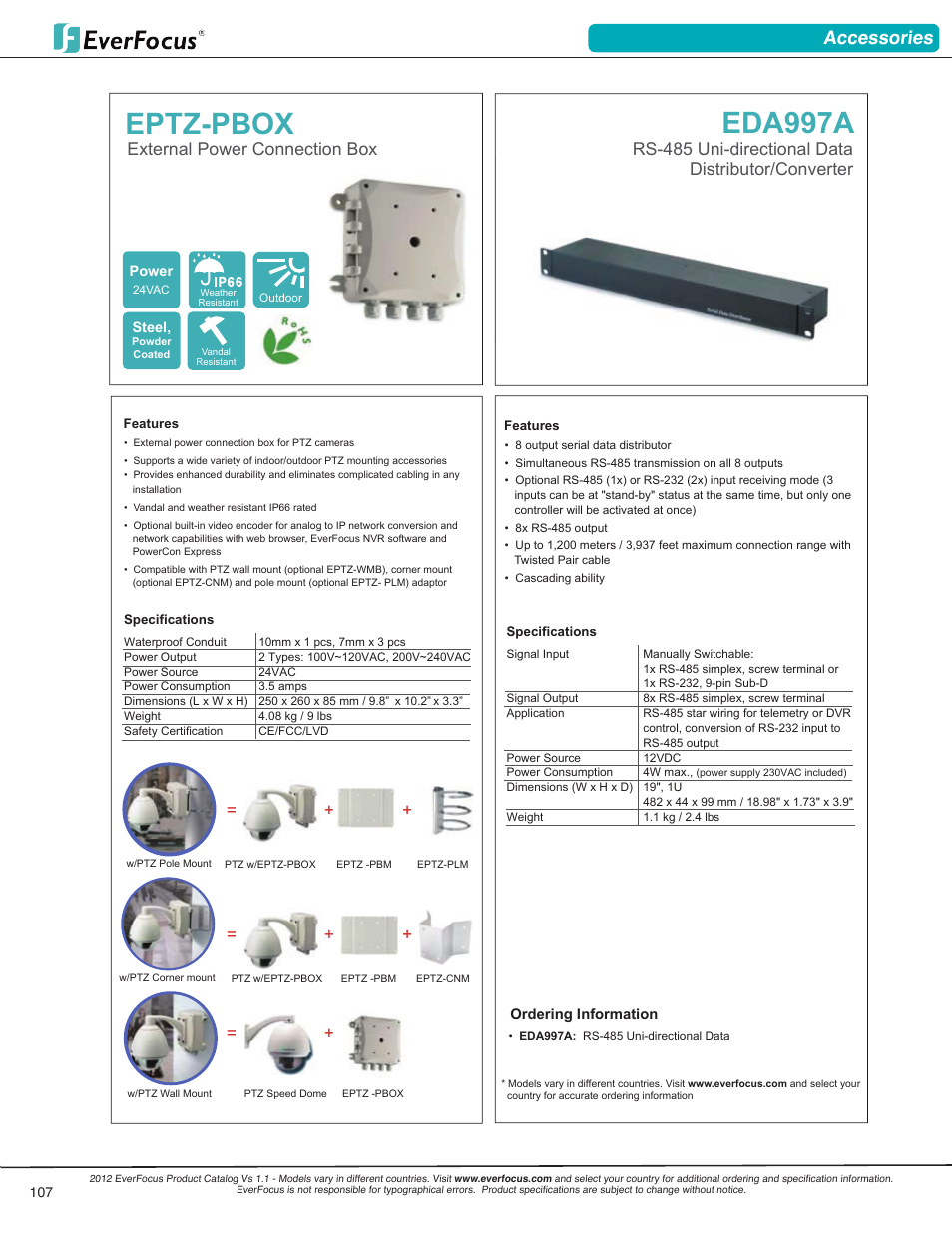Ekb200, Ekb500, Eda997a | Eptz-pbox, Accessories - ptz accessories, Accessories, Usb keyboard controller with 3-axis, Multi-function keyboard controller, Rs-485 uni-directional data distributor/converter, External power connection box | EverFocus 23" LED Monitor EN7519VGA User Manual | Page 5 / 10
