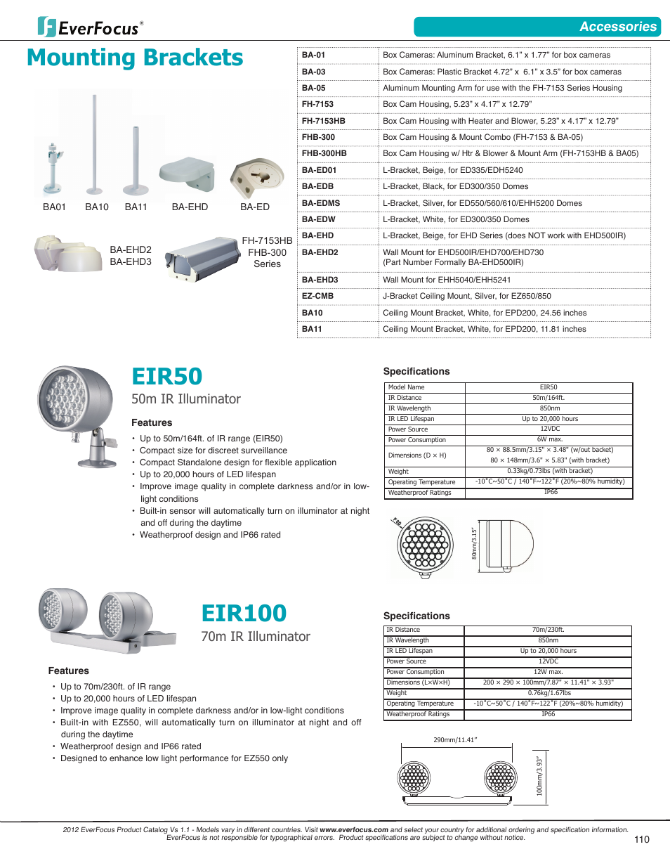 Mounting brackets, Eir50, Eir100 | Accessories, 50m ir illuminator, 70m ir illuminator | EverFocus 23" LED Monitor EN7519VGA User Manual | Page 8 / 10
