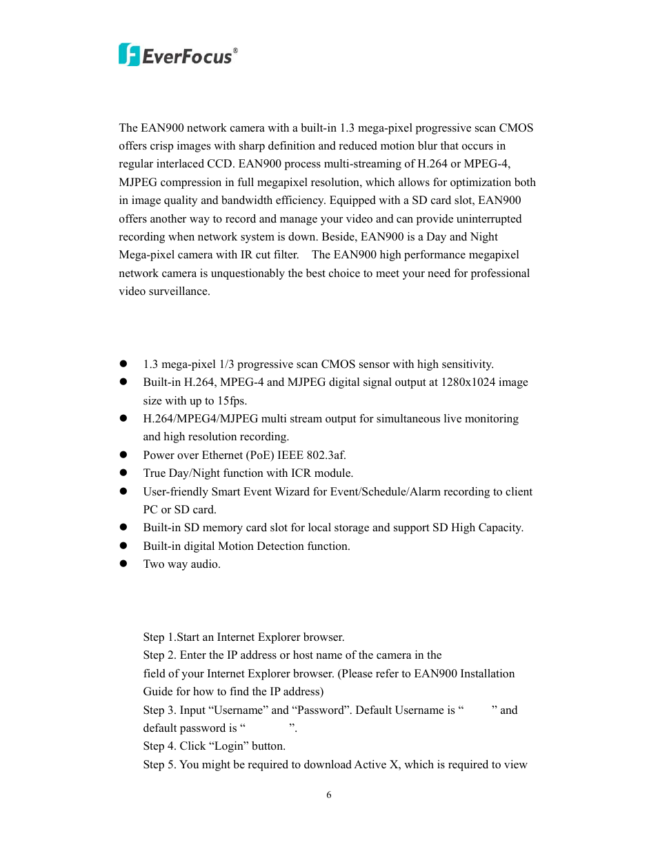 Introduction, Features, Accessing the camera menu | EverFocus EAN900 User Manual | Page 6 / 44