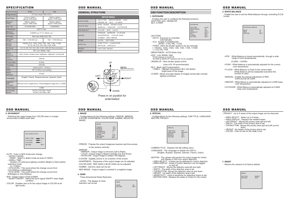 Osd manual, Specification, Press in on joystick for enter/select | EverFocus EZ600/W User Manual | Page 2 / 2