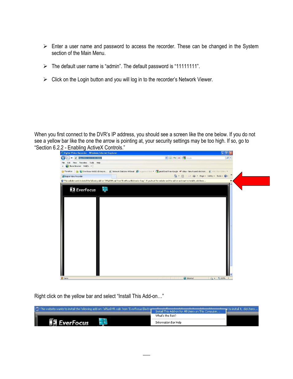 2 browser security setting, 1 installing activex controls, Browser security setting | Installing activex controls | EverFocus ENDEAVOR 22HH1144 User Manual | Page 125 / 149