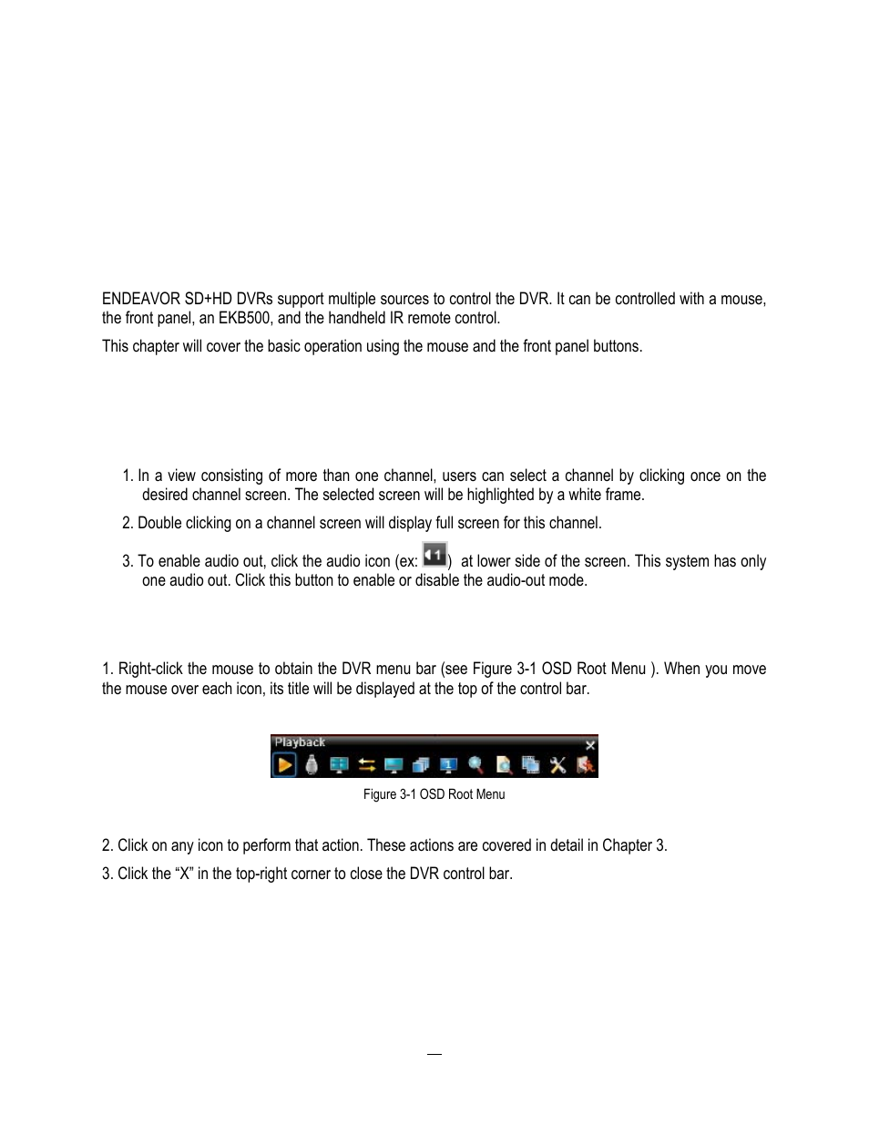 3 mouse and front panel operation, 1 general usb mouse operation, 1 how to select a channel / enable audio | 2 osd root menu, Mouse and front panel operation, General usb mouse operation, How to select a channel / enable audio, Osd root menu, Chapter | EverFocus ENDEAVOR 22HH1144 User Manual | Page 31 / 149