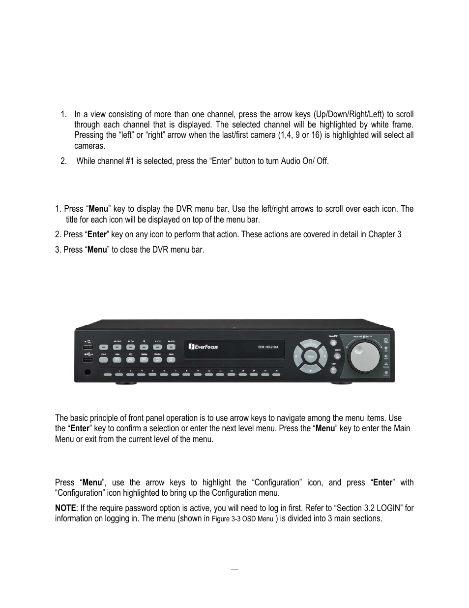 1 how to select a channel / enable audio, 2 osd root menu, 3 front panel key review | 4 operation in configuration menu, Eneral, Ront, Anel, Peration, Operation in configuration menu, 2 general front panel operation | EverFocus ENDEAVOR 22HH1144 User Manual | Page 34 / 149