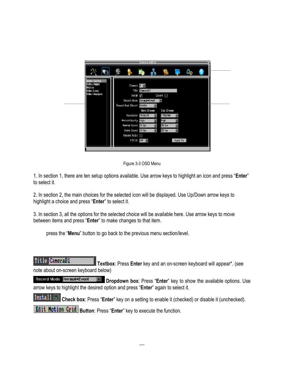 5 field input options, Field input options, Information on logging in. the menu (shown in | Figure 3-3 osd menu | EverFocus ENDEAVOR 22HH1144 User Manual | Page 35 / 149