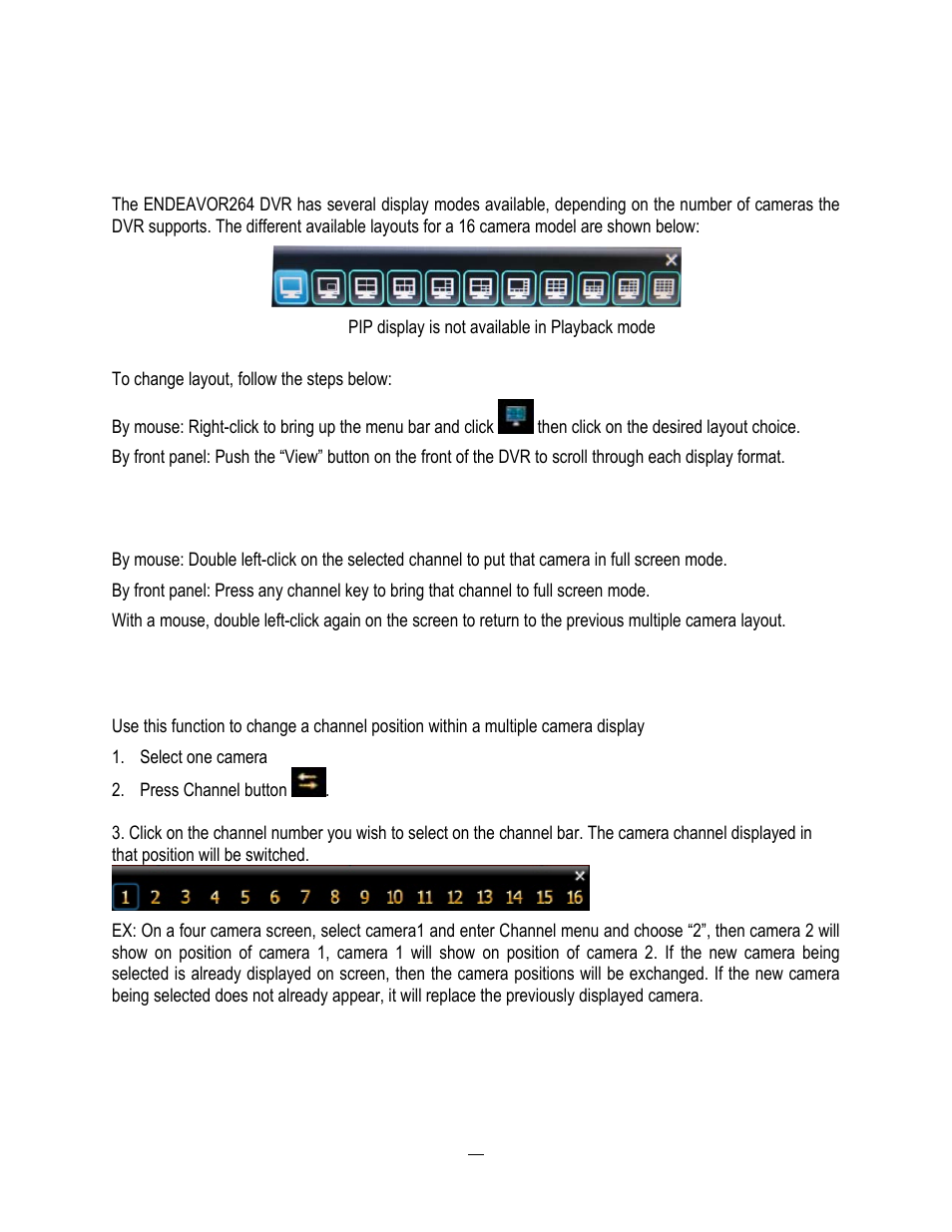 7 layout, 1 bring a camera to full screen mode, 8 channel switching | Bring a camera to full screen mode, 8 channel, Switching | EverFocus ENDEAVOR 22HH1144 User Manual | Page 43 / 149