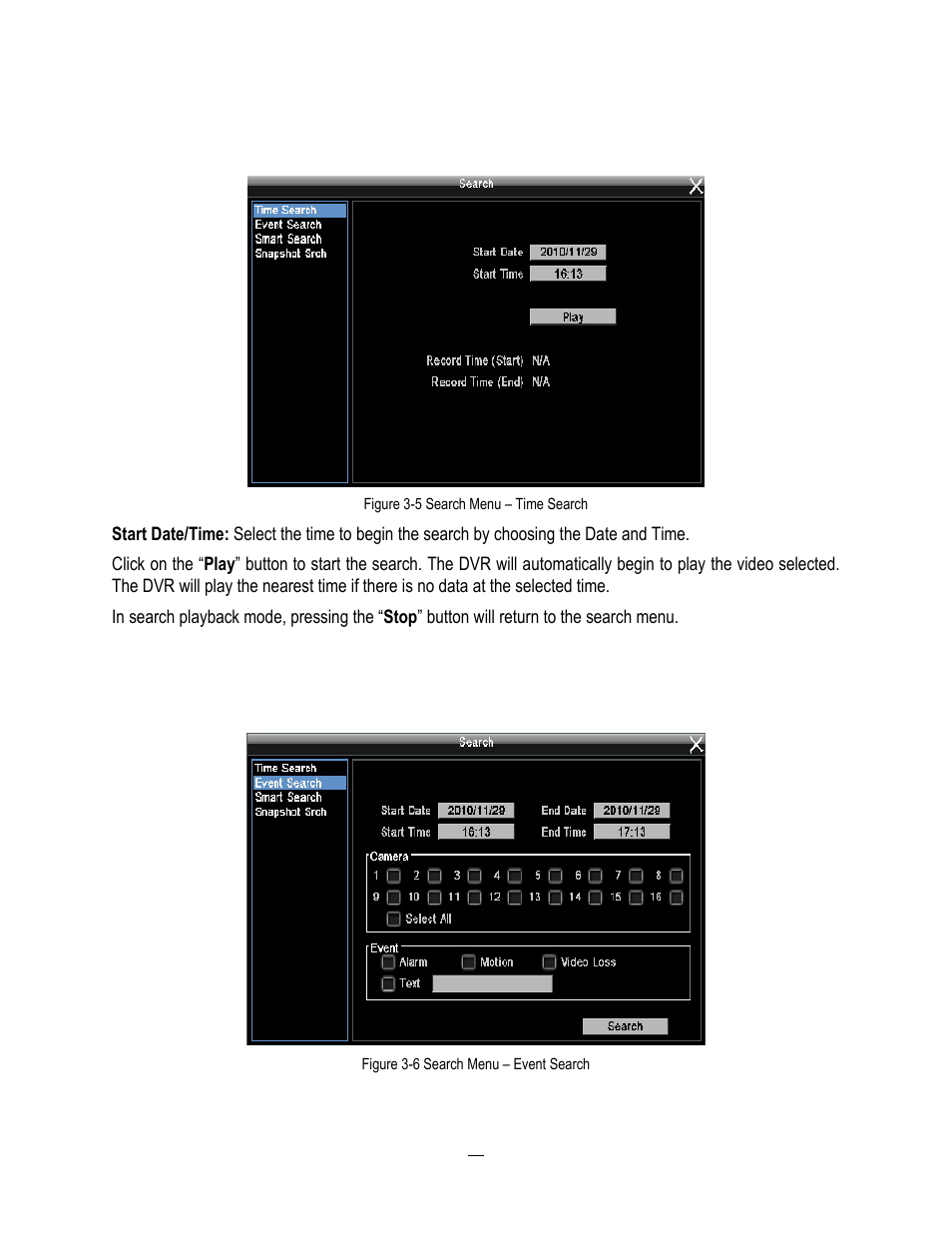 1 time search, 2 event search, Time search | Event search | EverFocus ENDEAVOR 22HH1144 User Manual | Page 46 / 149