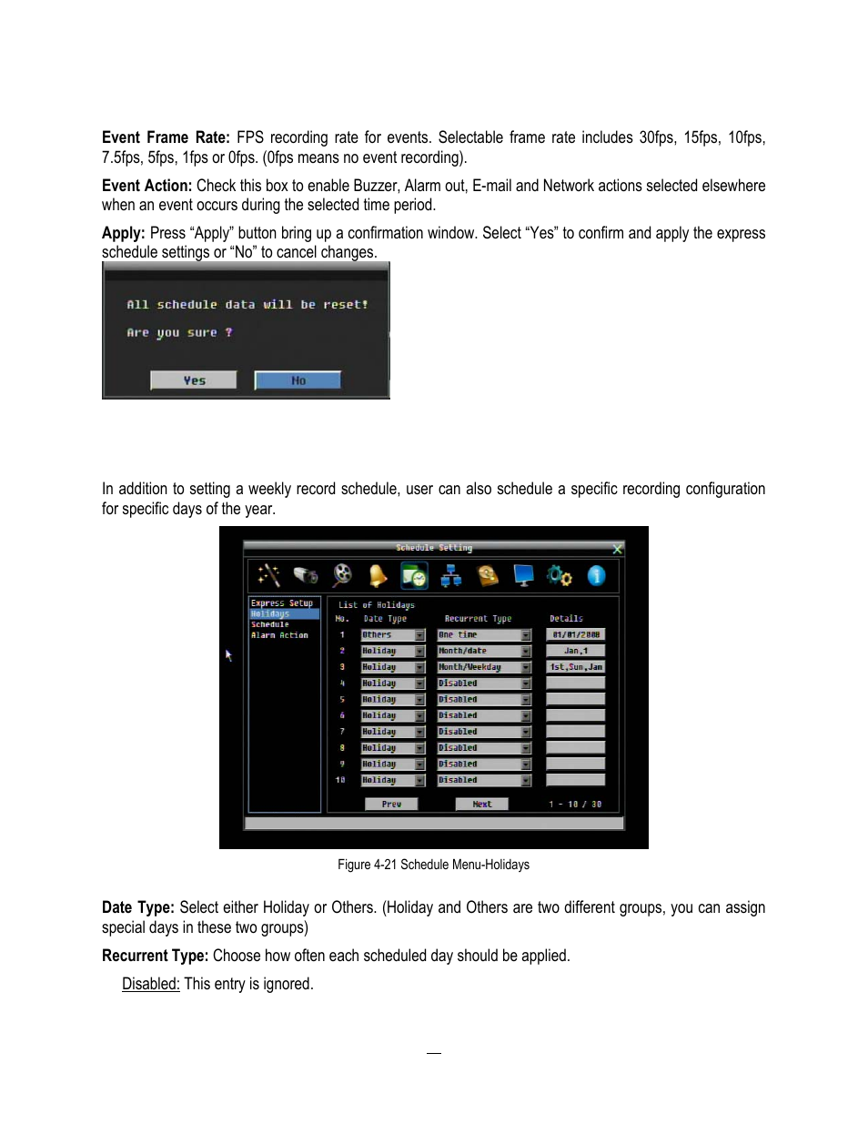 2 holidays, Holidays | EverFocus ENDEAVOR 22HH1144 User Manual | Page 79 / 149