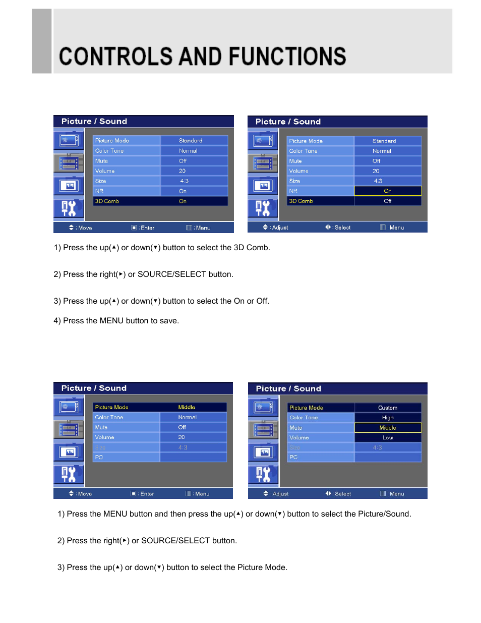 B. picture / sound menu (for hdmi, dvi & pc input) | EverFocus EN-7519C User Manual | Page 18 / 46
