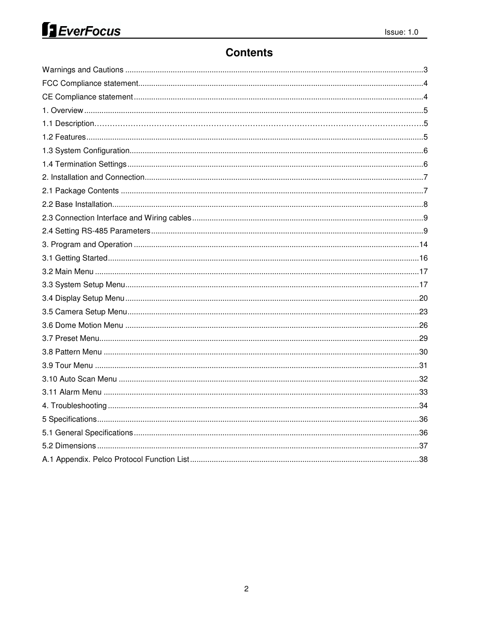 EverFocus HDCCTV 12X IP66 SPEED DOME EPH5212 User Manual | Page 2 / 37