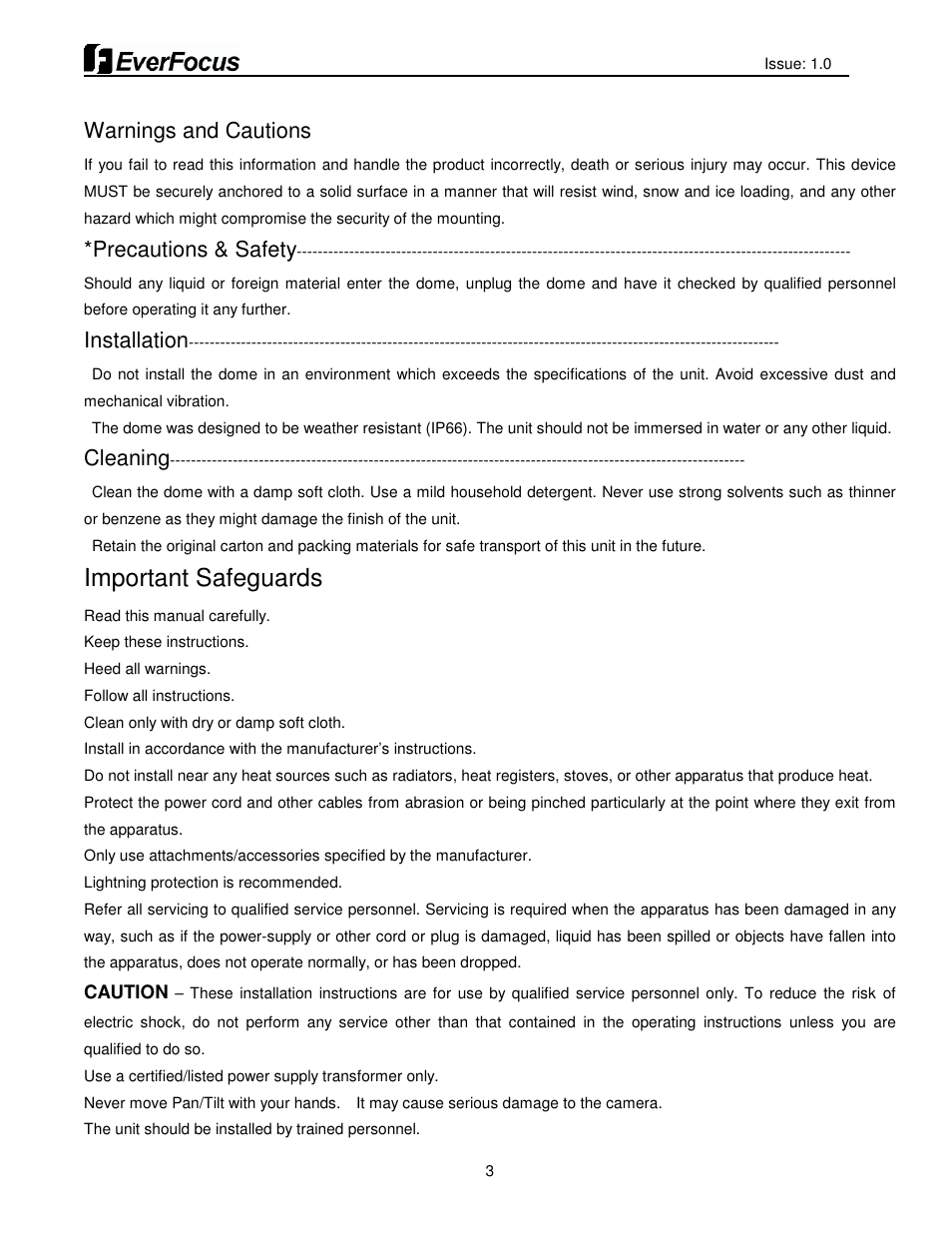 Important safeguards, Warnings and cautions, Precautions & safety | Installation, Cleaning | EverFocus HDCCTV 12X IP66 SPEED DOME EPH5212 User Manual | Page 3 / 37