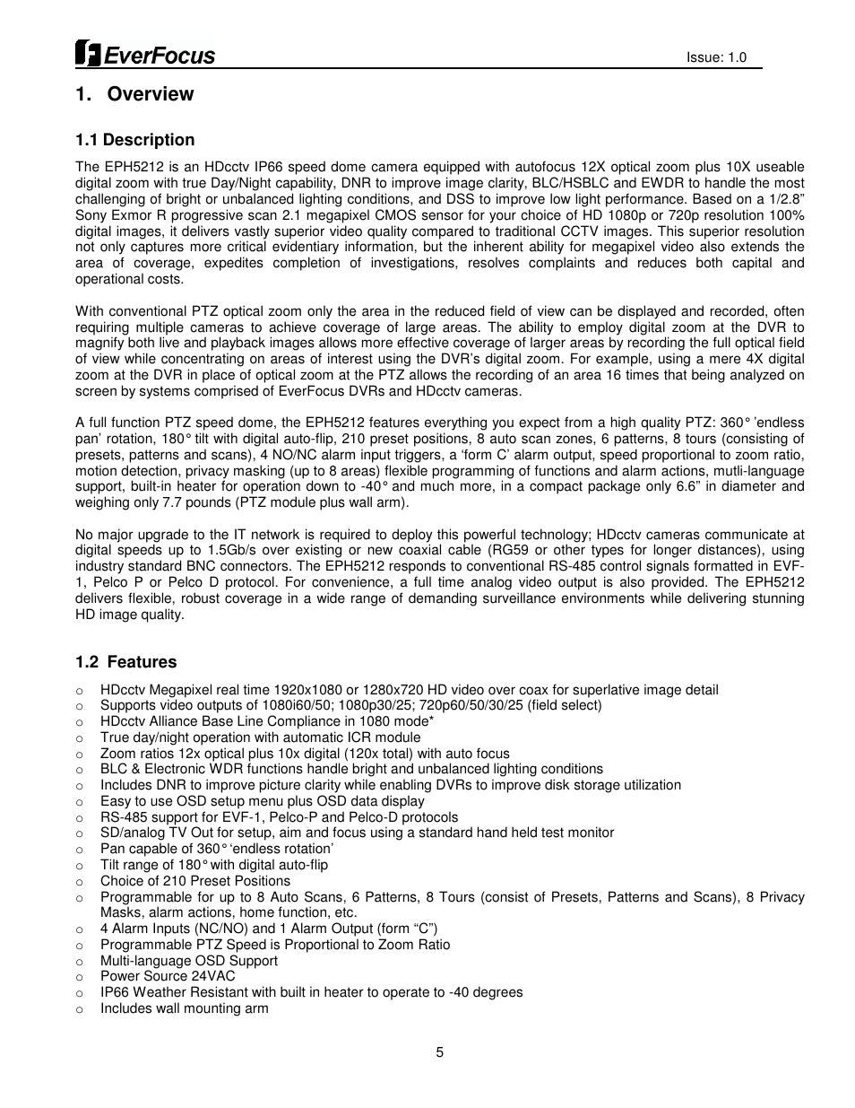 Overview | EverFocus HDCCTV 12X IP66 SPEED DOME EPH5212 User Manual | Page 5 / 37