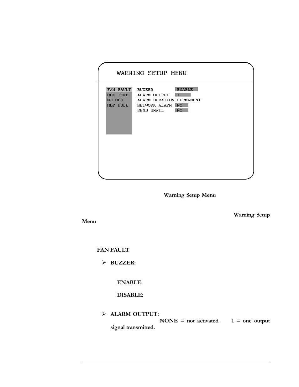 11 warning setup menu, 1 fan fault | EverFocus EDR410H User Manual | Page 56 / 134