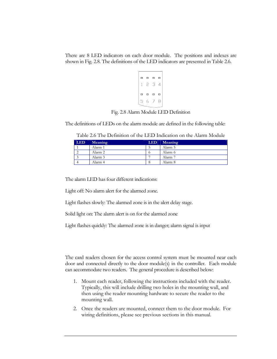 Install and connecting the readers, Alarm module led definition | EverFocus EFC--02-1-A User Manual | Page 24 / 75