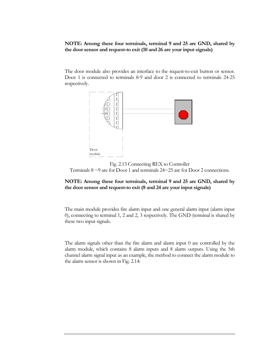 Connection to request-to-exit, Connection to fire & alarm input 0, Connection to alarm input | Exit | EverFocus EFC--02-1-A User Manual | Page 28 / 75