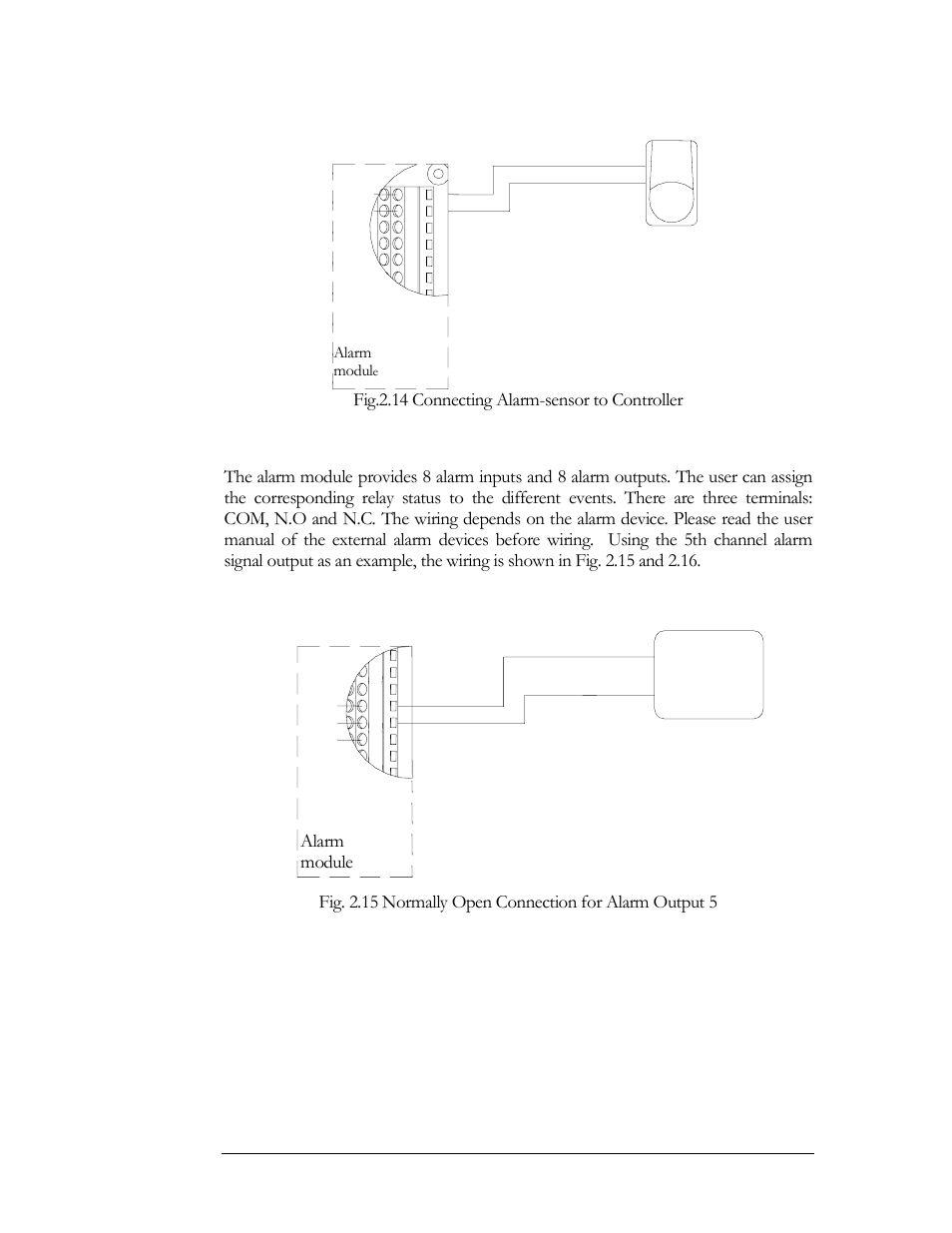 Connection to alarm output, Fig.2.14 connecting alarm-sensor to controller, Alarm module | EverFocus EFC--02-1-A User Manual | Page 29 / 75