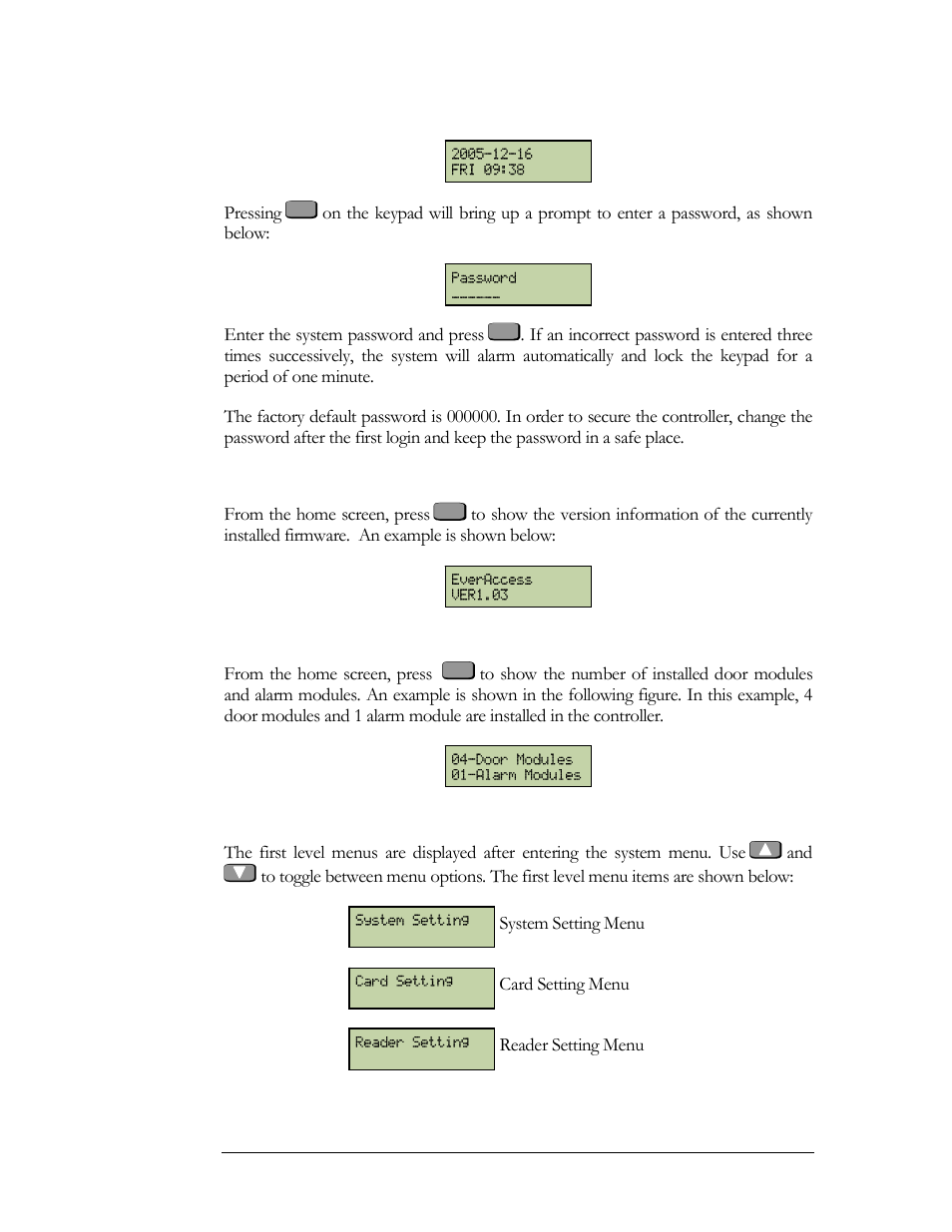 Display the firmware version, Display the number of installed modules, Main setting items | EverFocus EFC--02-1-A User Manual | Page 42 / 75