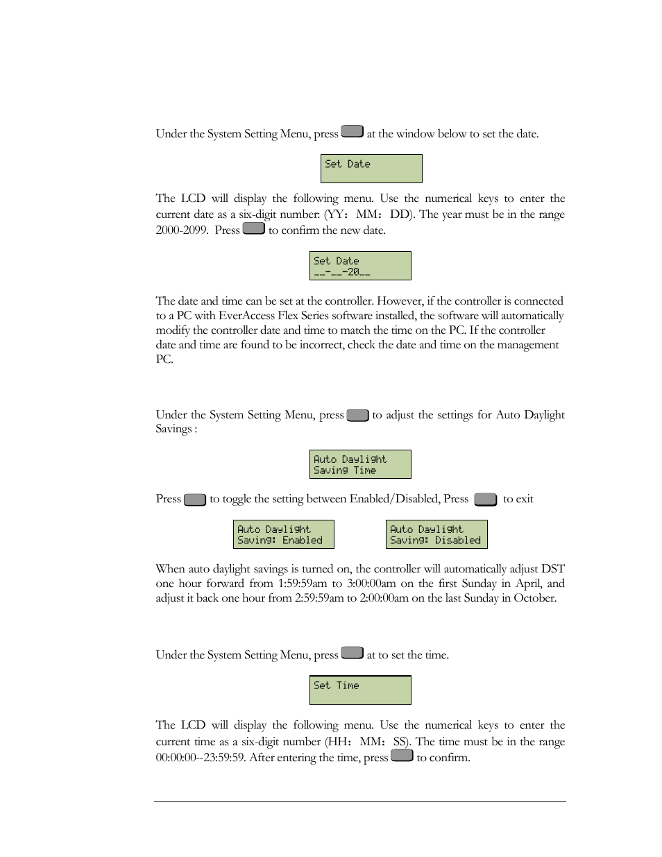 Set date, Auto daylight savings time, Set time | EverFocus EFC--02-1-A User Manual | Page 44 / 75