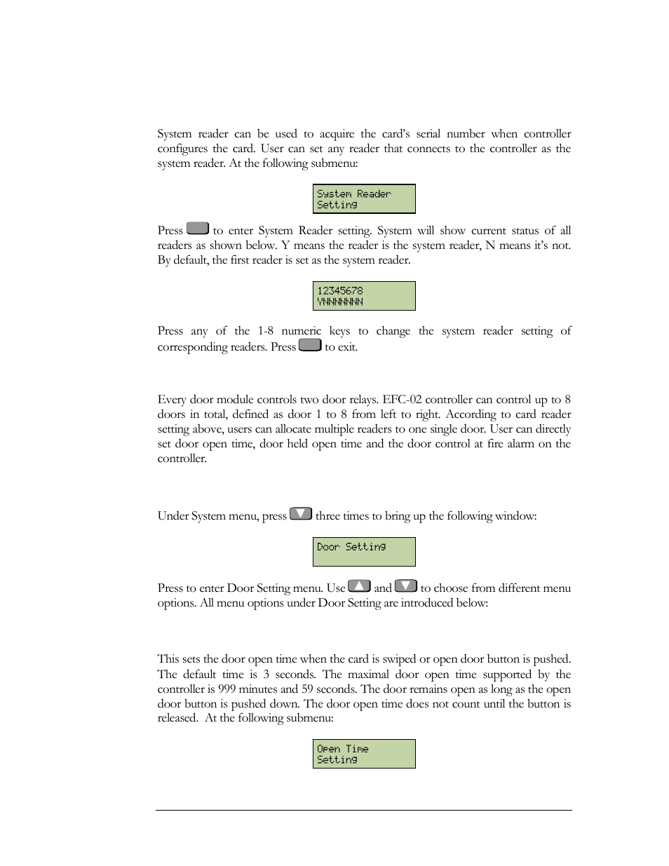 Door setting, System reader setting, Enter door setting menu | Open time setting | EverFocus EFC--02-1-A User Manual | Page 53 / 75