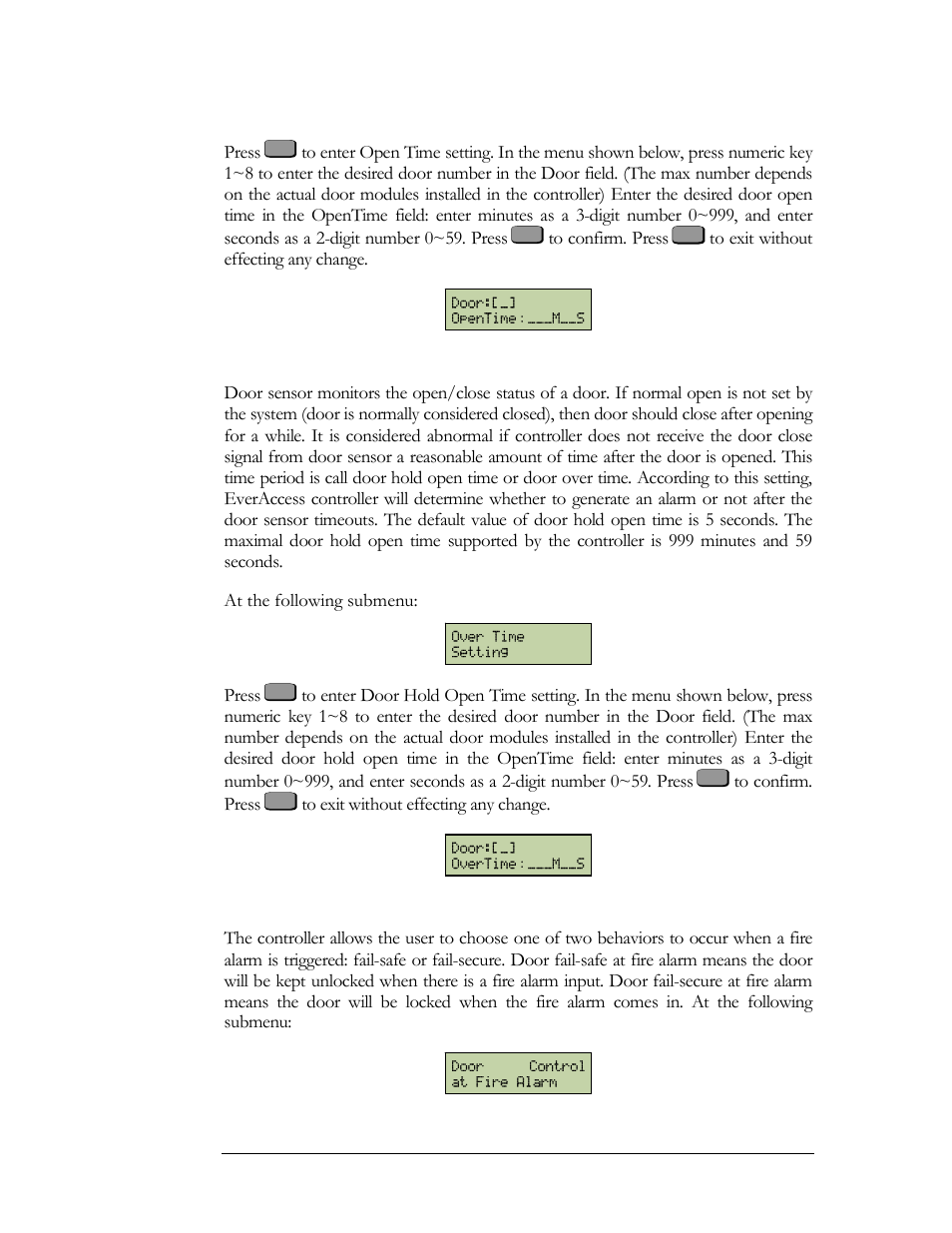 Set door hold open time, Set door behavior at fire alarm | EverFocus EFC--02-1-A User Manual | Page 54 / 75