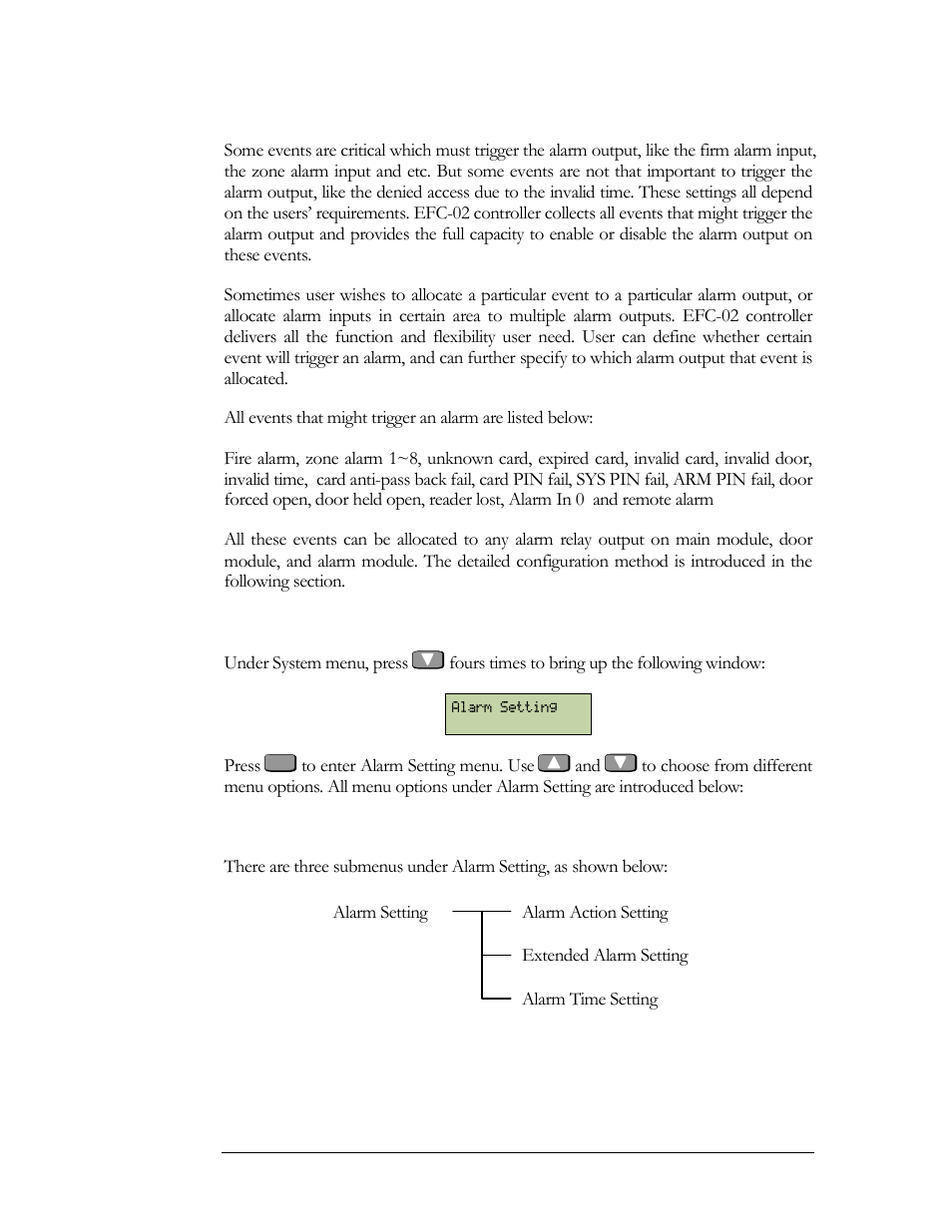 Enter alarm setting menu, Alarm setting menu structure | EverFocus EFC--02-1-A User Manual | Page 56 / 75