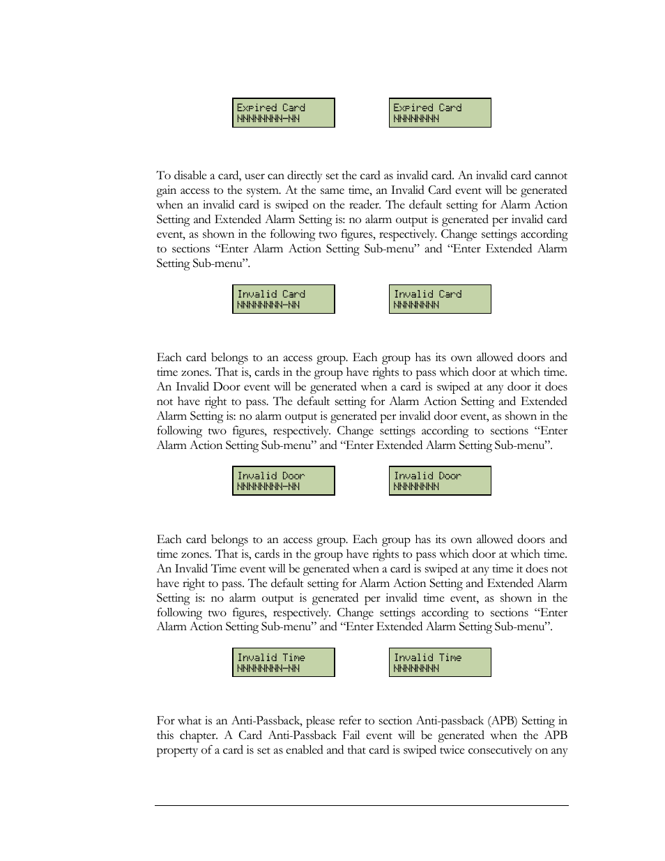 Invalid card, Invalid door, Invalid time | Card anti-passback fail | EverFocus EFC--02-1-A User Manual | Page 61 / 75