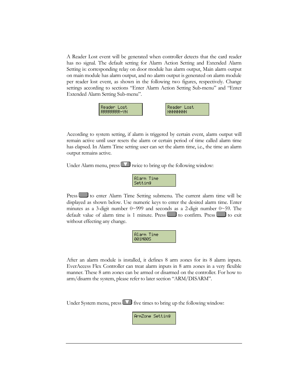 Armzone setting, Reader lost, Enter alarm time setting sub-menu | Enter armzone setting menu | EverFocus EFC--02-1-A User Manual | Page 63 / 75