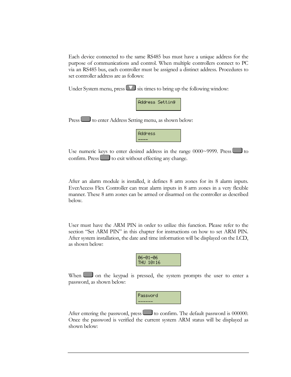 Address setting, Arm/disarm, Arm the system using the controller keypad | EverFocus EFC--02-1-A User Manual | Page 65 / 75