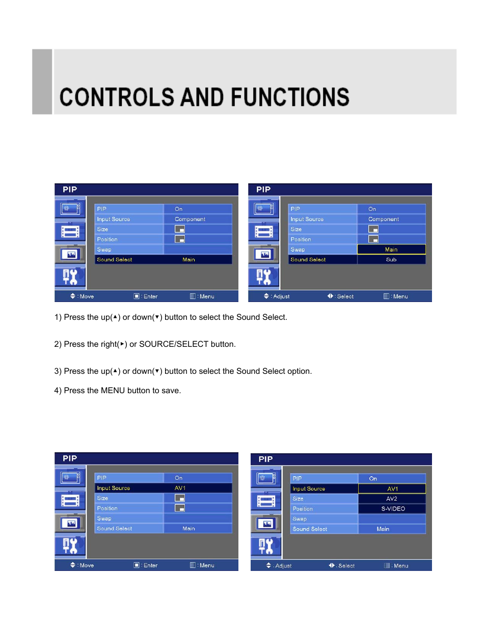 C. pip menu (for hdmi, dvi & pc input) | EverFocus EN-7542H User Manual | Page 27 / 48
