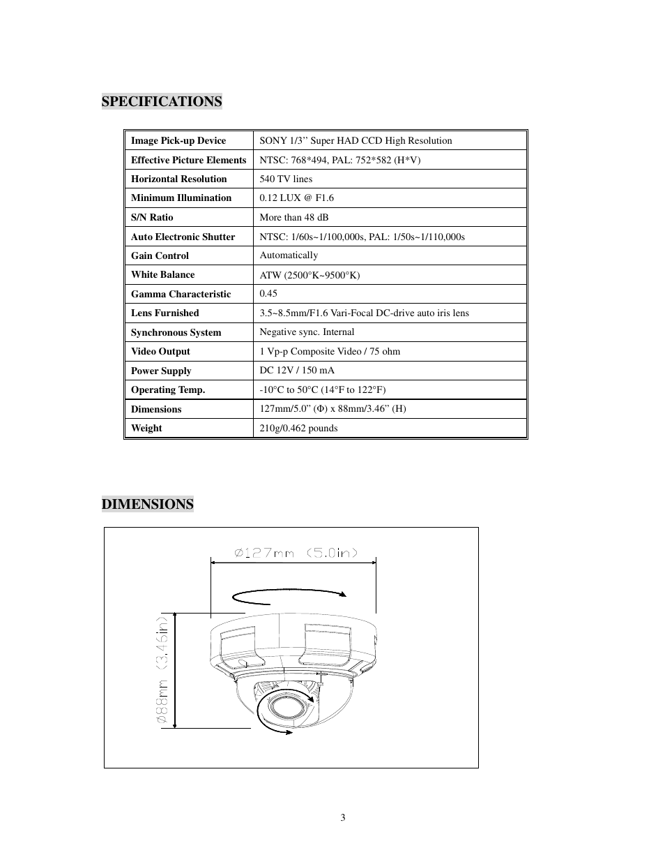 Specifications, Dimensions | EverFocus ECD360AV User Manual | Page 4 / 7