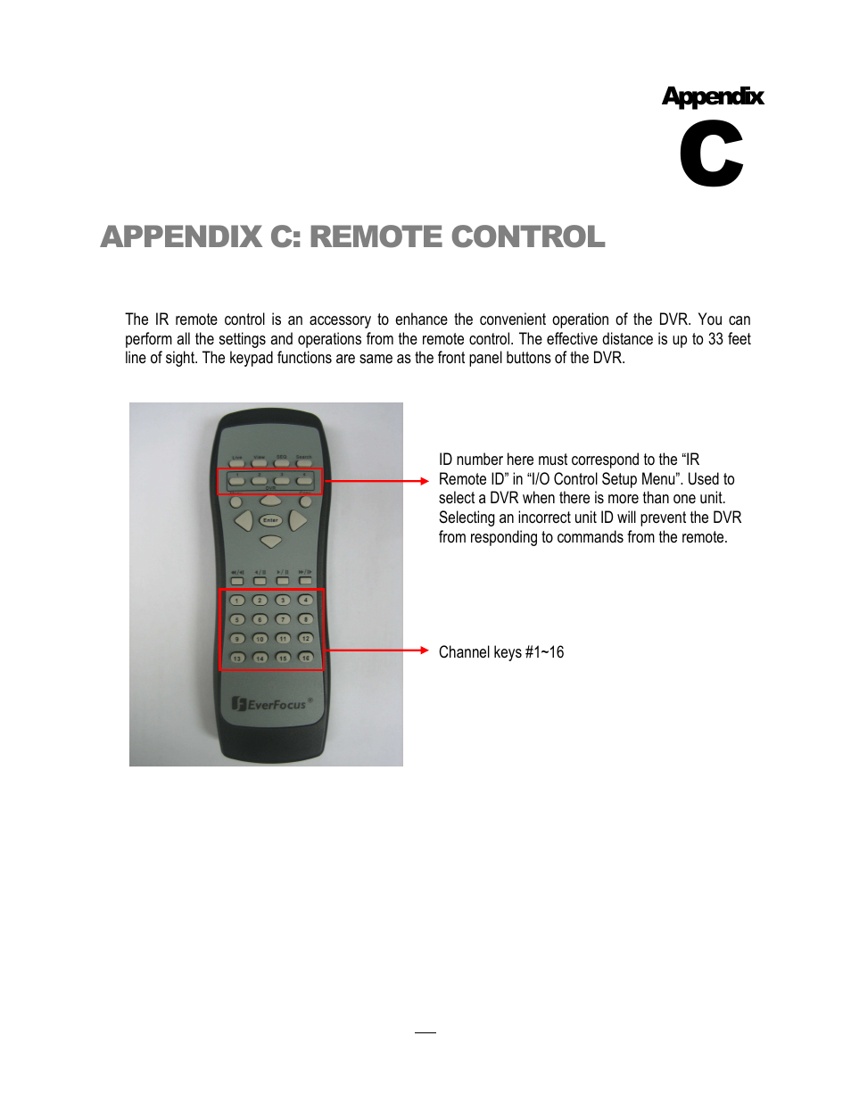 Appendix c: remote control, Appendix | EverFocus ECOR264-4X1 User Manual | Page 146 / 147