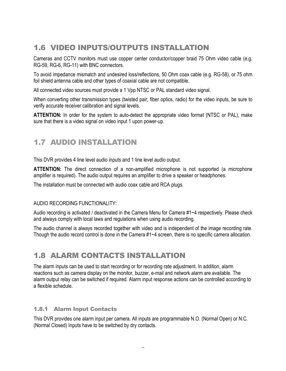 6 video inputs/outputs installation, 7 audio installation, 8 alarm contacts installation | EverFocus ECOR264-4X1 User Manual | Page 17 / 147