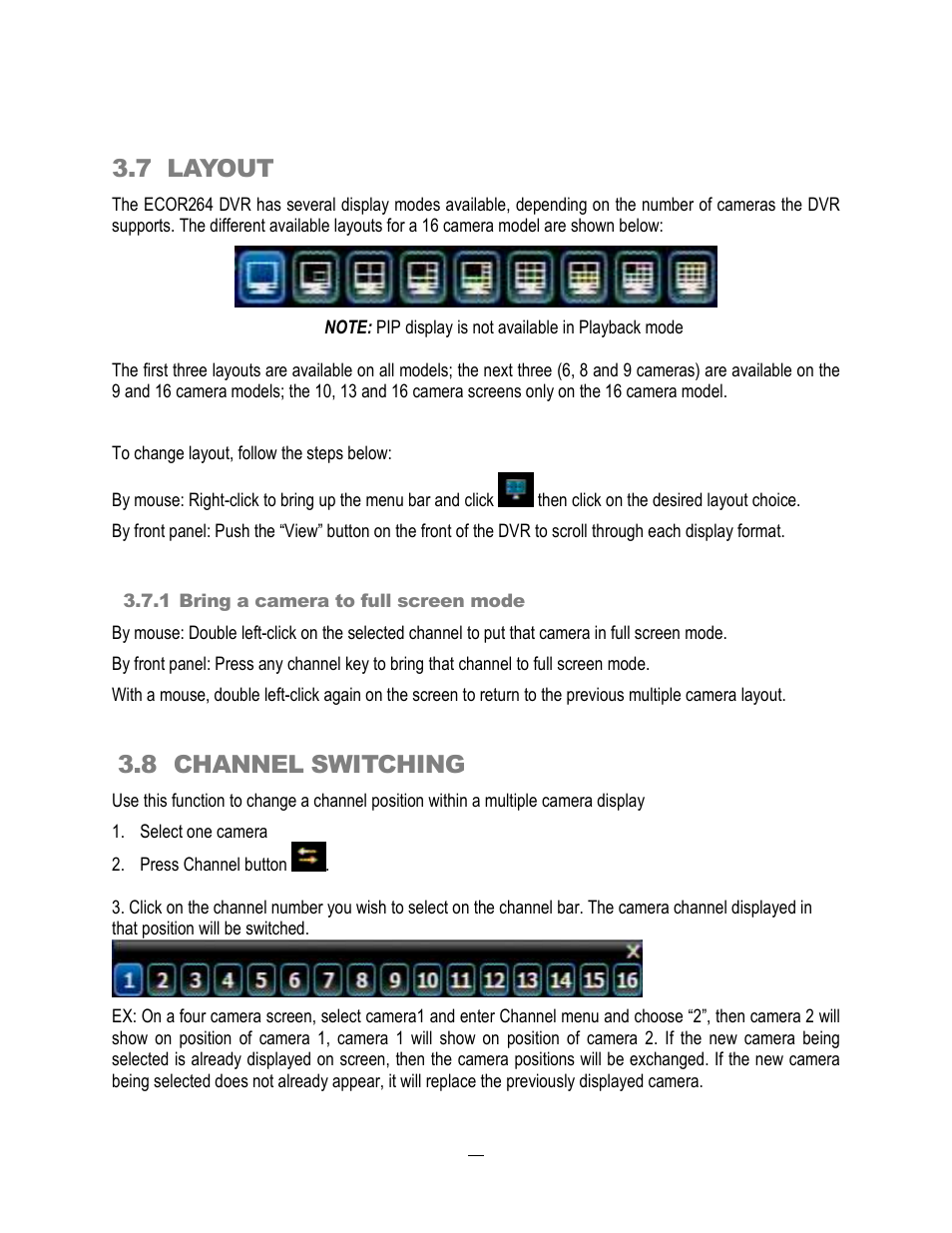 7 layout, 8 channel switching | EverFocus ECOR264-4X1 User Manual | Page 35 / 147