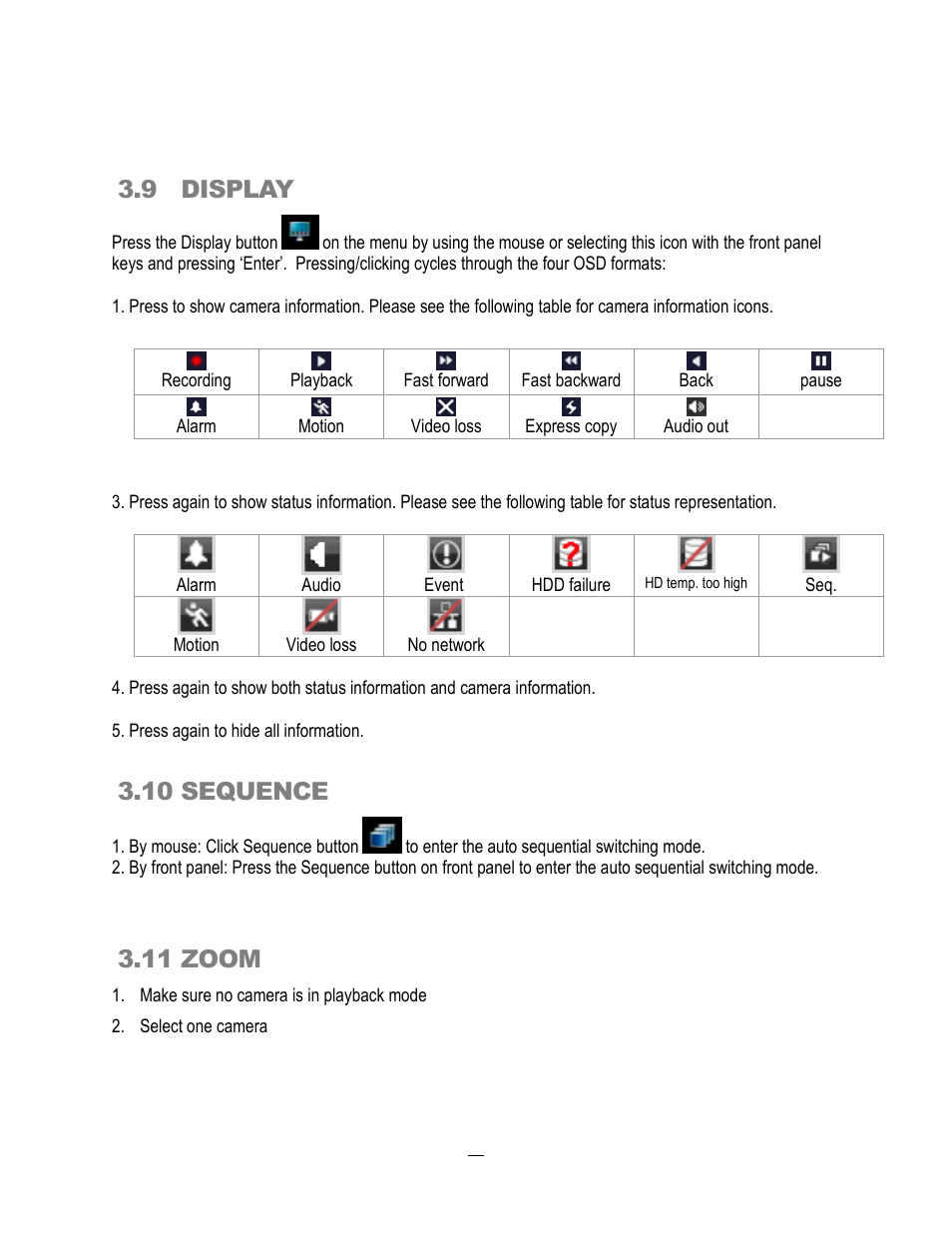 9 display, 10 sequence, 11 zoom | EverFocus ECOR264-4X1 User Manual | Page 36 / 147