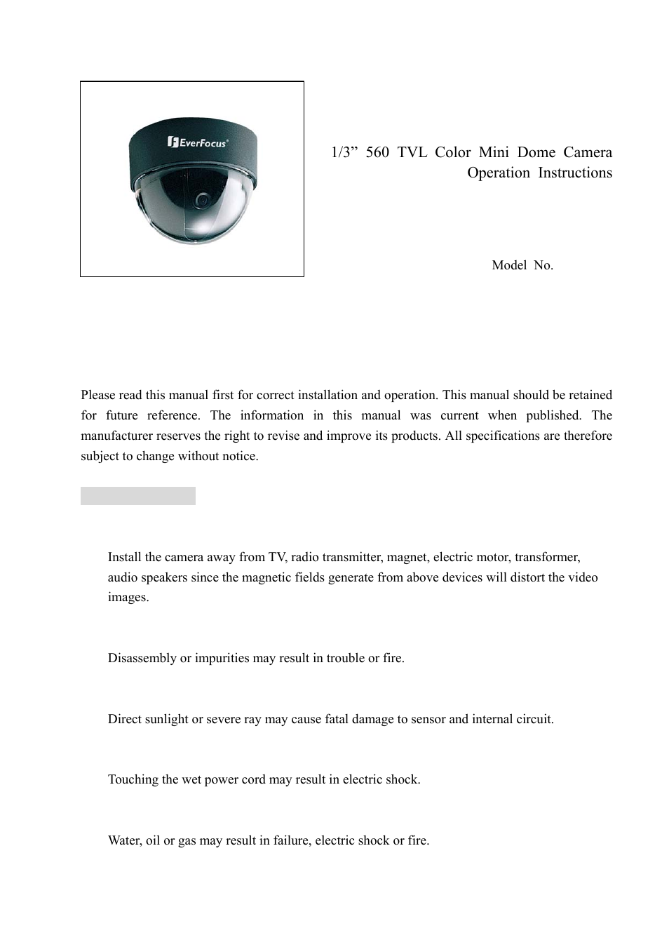 EverFocus 560 TVL Color Mini Dome Camera ED350 User Manual | 10 pages