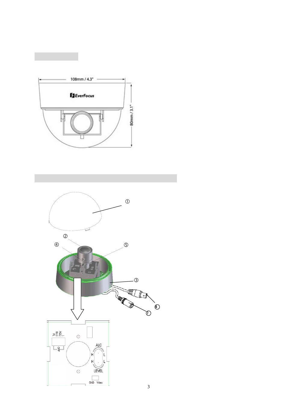 Dimensions, Major parts name & their functions | EverFocus 560 TVL Color Mini Dome Camera ED350 User Manual | Page 4 / 10