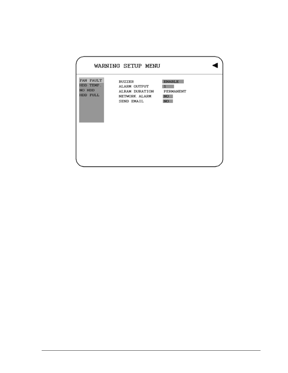 11 warning setup menu, Fan fault | EverFocus EDVR SERIES User Manual | Page 65 / 148