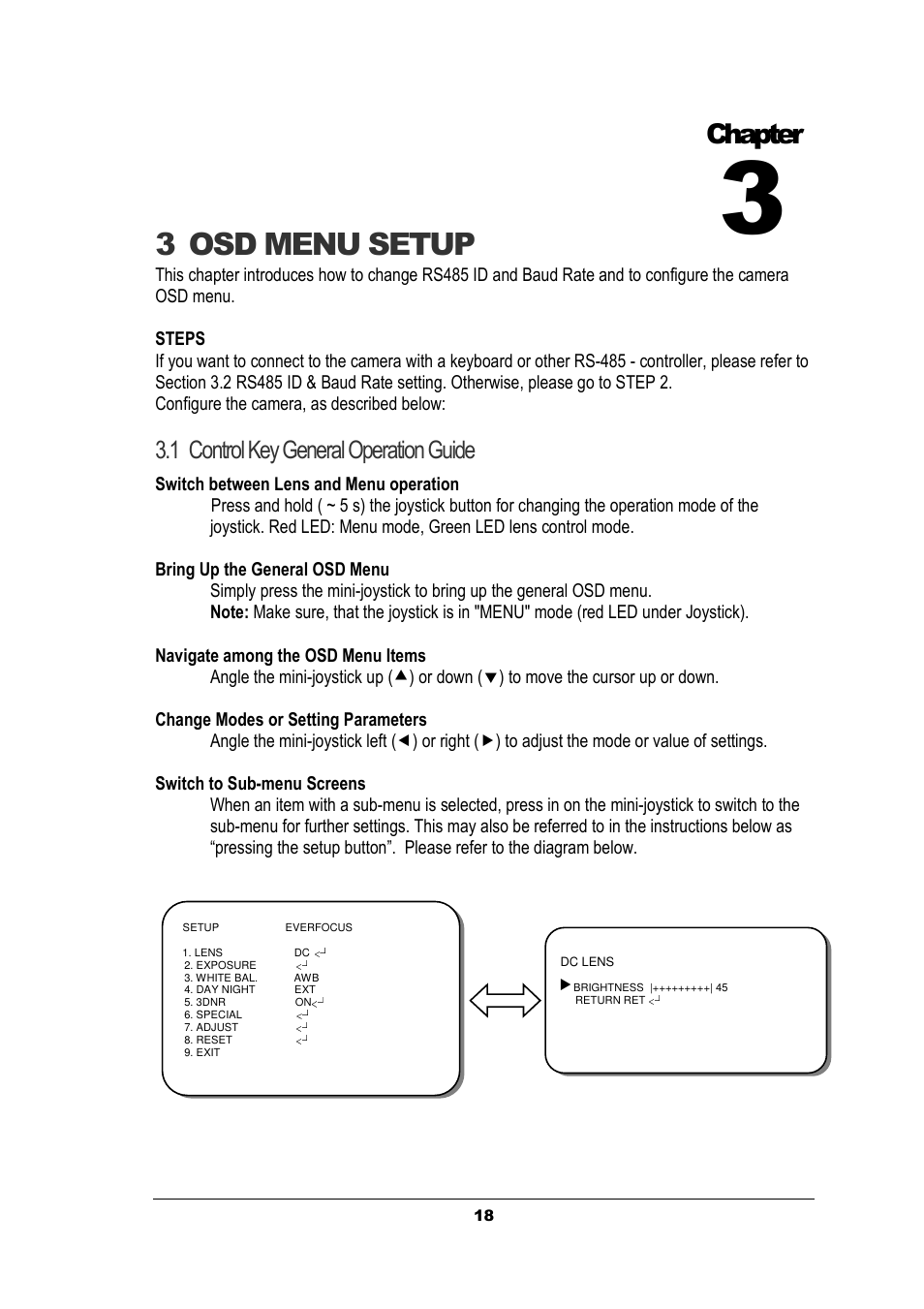 3 osd menu setup, Chapter, 1 control key general operation guide | EverFocus EZ630 User Manual | Page 18 / 33
