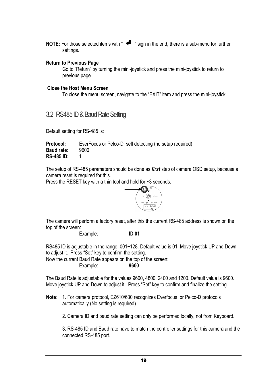 2 rs485 id & baud rate setting | EverFocus EZ630 User Manual | Page 19 / 33