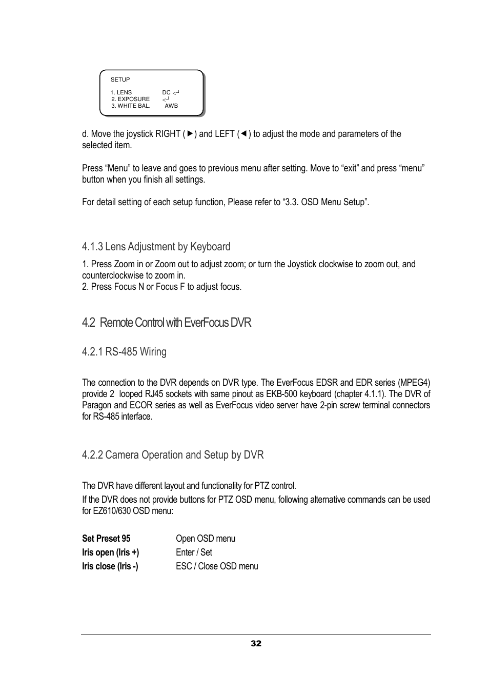 2 remote control with everfocus dvr, 3 lens adjustment by keyboard, 1 rs-485 wiring | 2 camera operation and setup by dvr | EverFocus EZ630 User Manual | Page 32 / 33