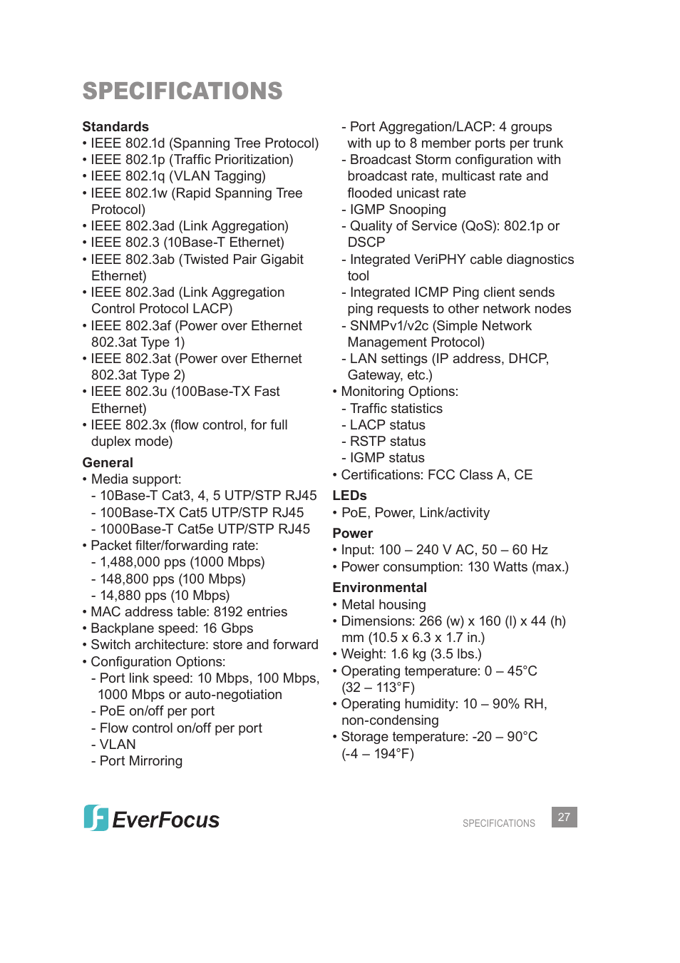 Specifications | EverFocus Gigabit Managed Ethernet Switch ESM308T000D User Manual | Page 27 / 28