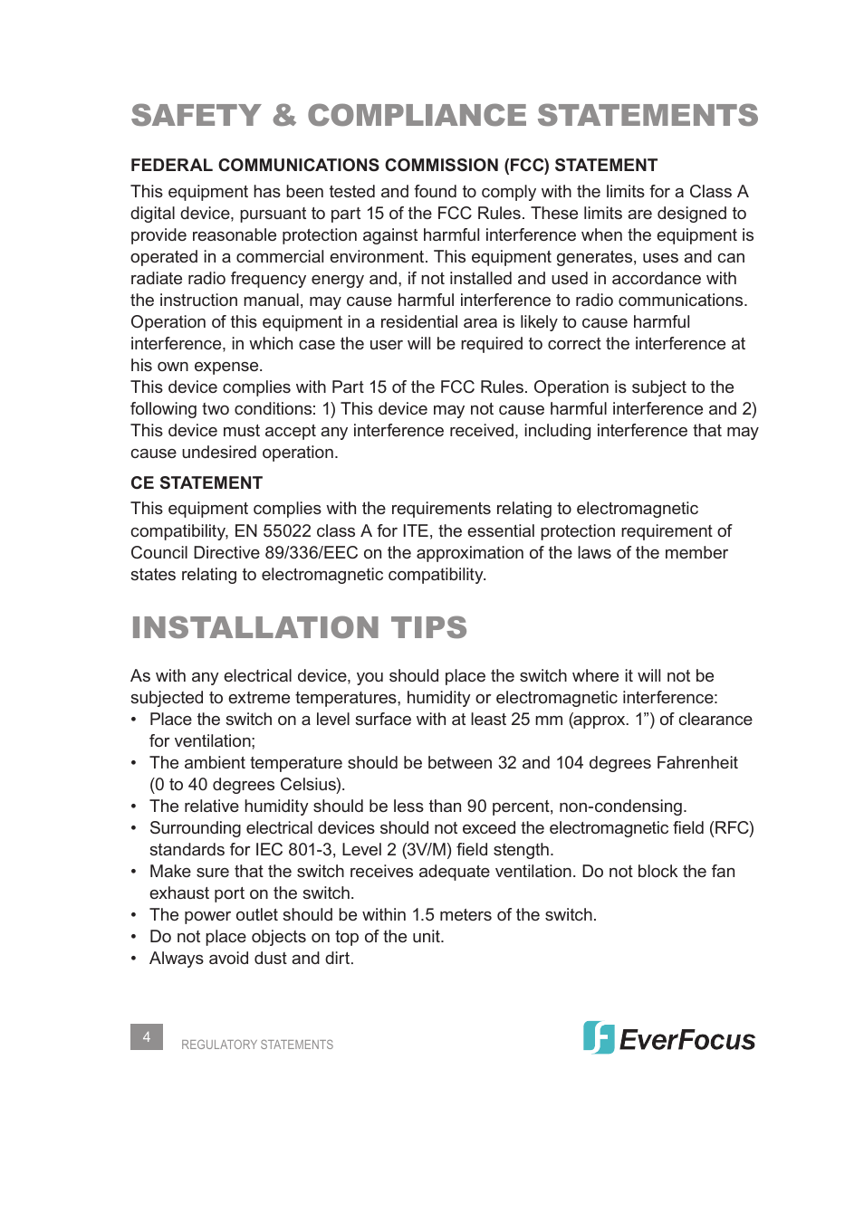 Safety & compliance statements, Installation tips | EverFocus Gigabit Managed Ethernet Switch ESM308T000D User Manual | Page 4 / 28