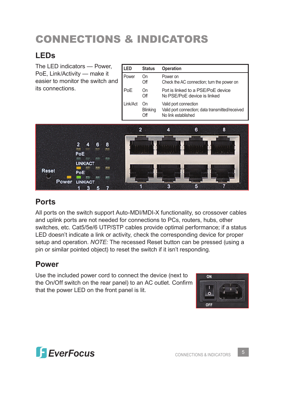 Connections & indicators, Leds, Ports | Power | EverFocus Gigabit Managed Ethernet Switch ESM308T000D User Manual | Page 5 / 28