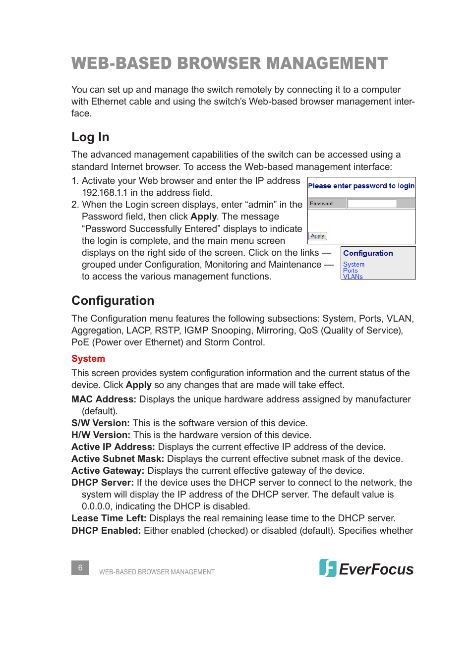 Web-based browser management, Log in, Configuration | EverFocus Gigabit Managed Ethernet Switch ESM308T000D User Manual | Page 6 / 28
